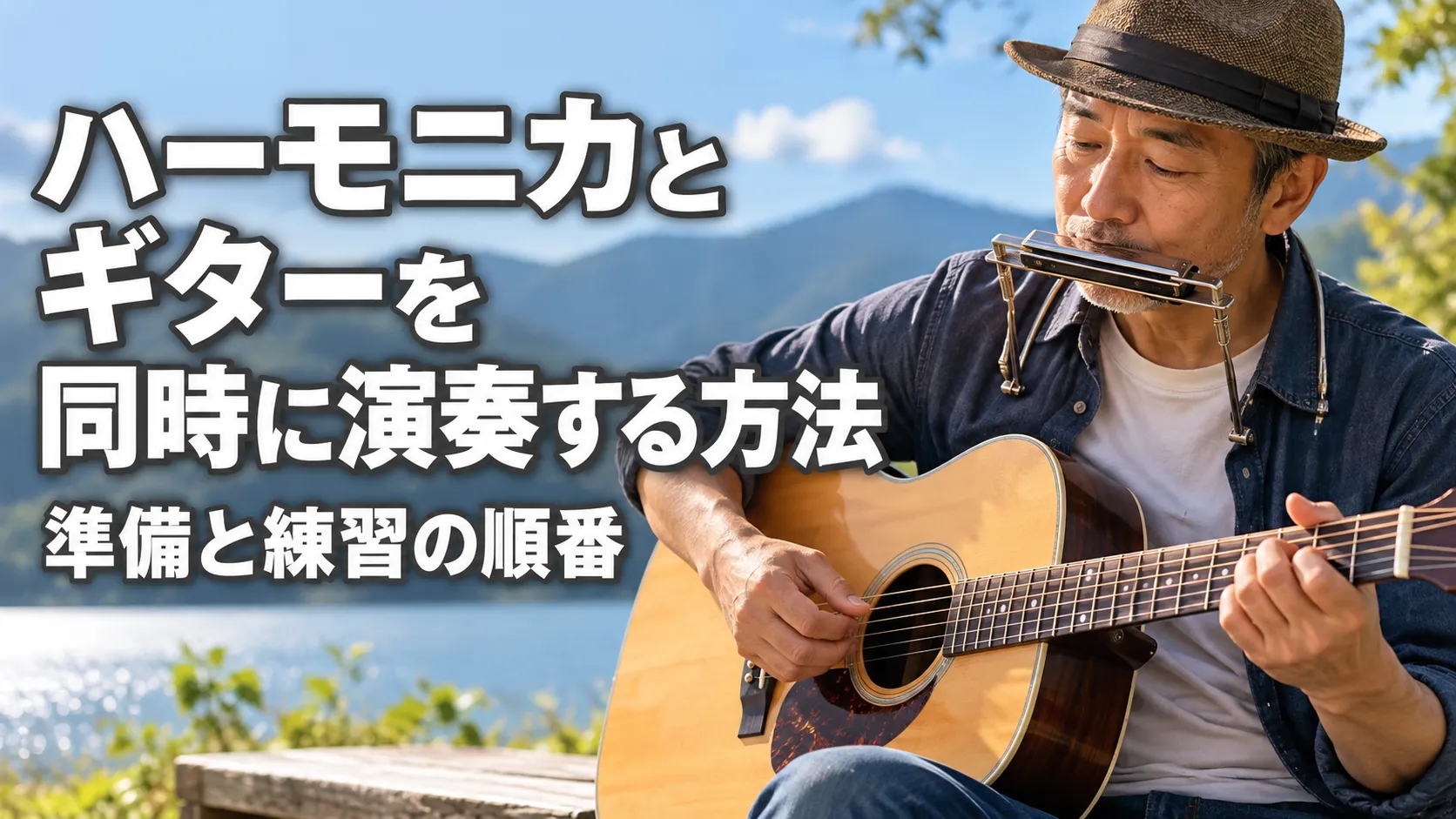 ハーモニカをネックホルダーで構え、アコースティックギターと同時に演奏する男性を描いたアイキャッチ画像。