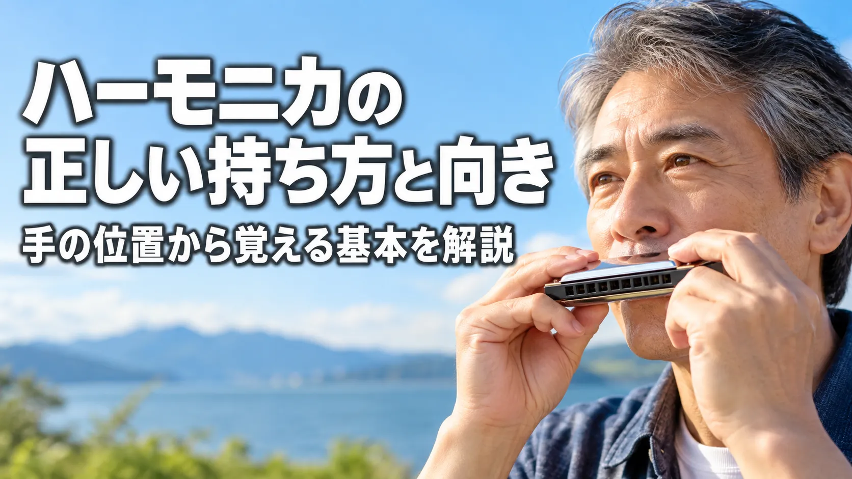 ハーモニカの正しい持ち方と向きを示すように、両手でハーモニカを持って演奏する男性のアイキャッチ画像。