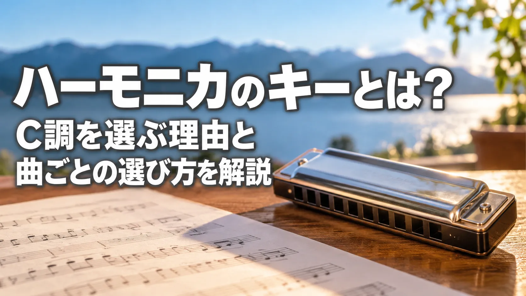 「ハーモニカのキーとは？C調を選ぶ理由と曲ごとの選び方を解説」の文字と、木製テーブルの上に置かれたハーモニカを描いたアイキャッチ画像。