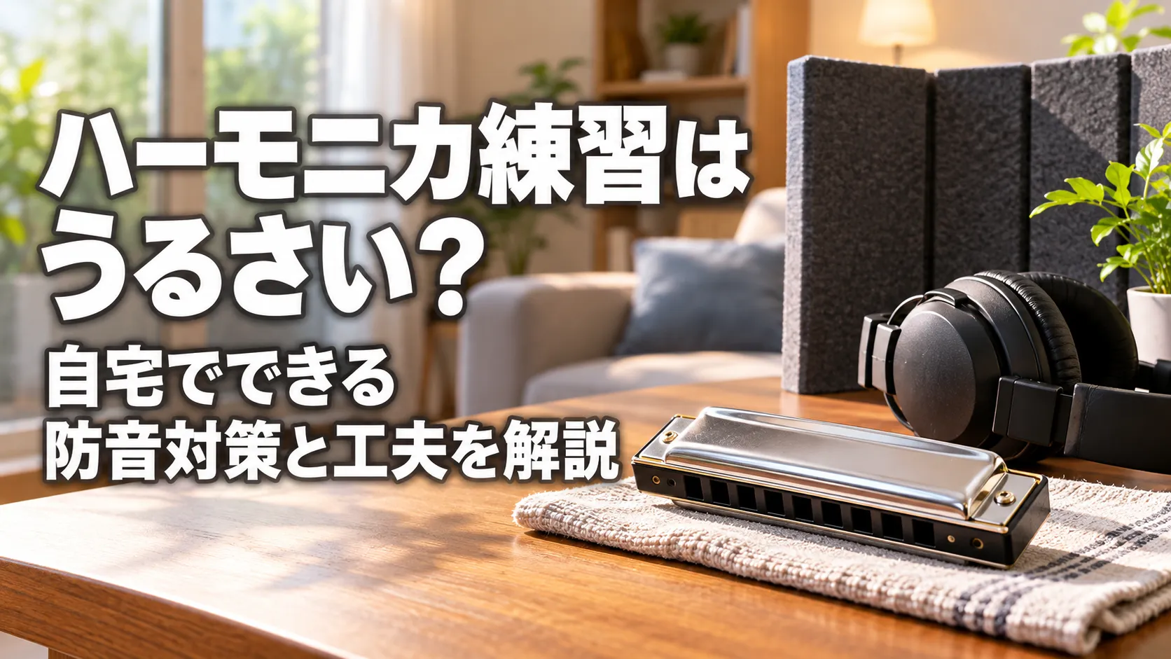 自宅の室内で、ハーモニカと防音用の吸音パネルやヘッドホンを配置し、自宅練習の防音対策と工夫を表現したアイキャッチ画像。