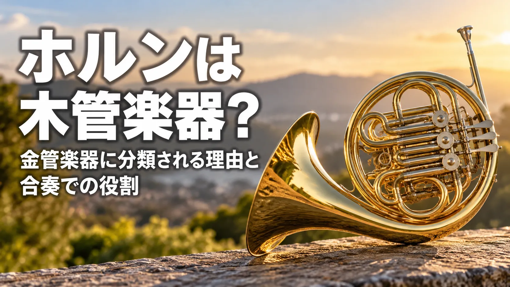 夕景を背景に、金色に輝くホルンと「ホルンは木管楽器？ 金管楽器に分類される理由と合奏での役割」の文字を配置したアイキャッチ画像。