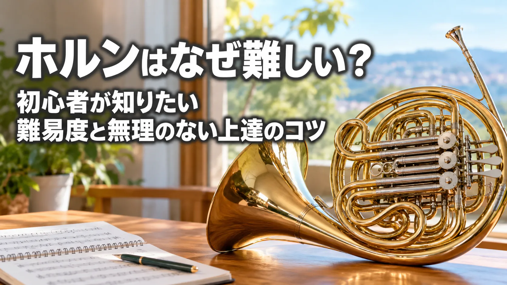 初心者向けにホルンの難易度と無理のない上達のコツを紹介する記事のアイキャッチ画像で、明るい室内のテーブルに金色のホルンが置かれている。