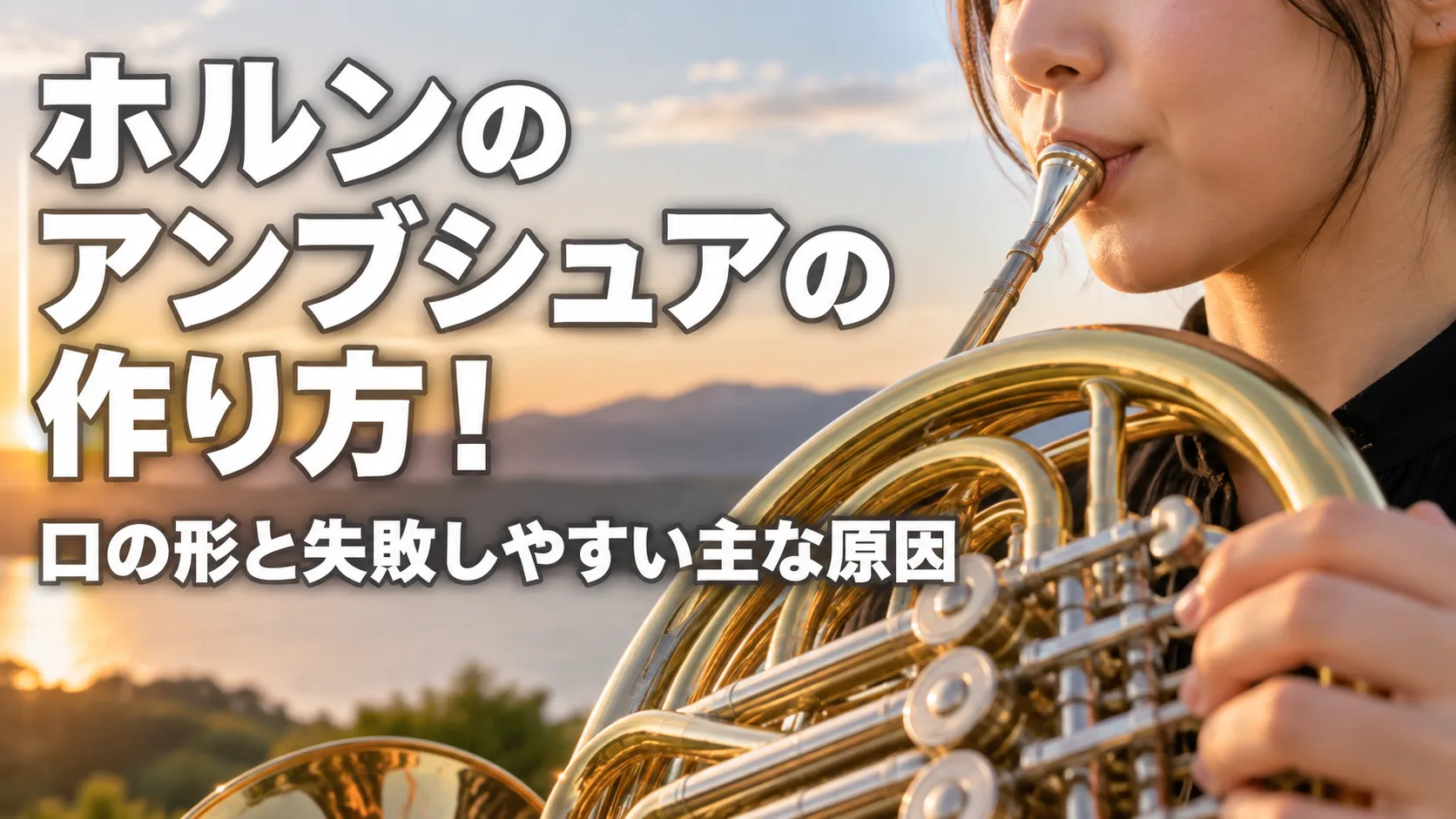 ホルンを演奏する女性の口元とアンブシュア、ホルン本体を大きく写し、「ホルンのアンブシュアの作り方！口の形と失敗しやすい主な原因」と表示したアイキャッチ画像。
