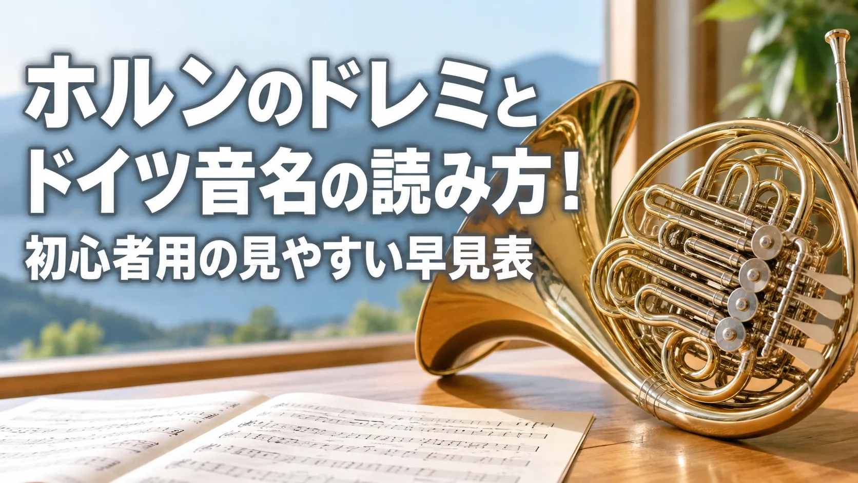 ホルンと楽譜を背景に、「ホルンのドレミとドイツ音名の読み方！初心者用の見やすい早見表」と表示したアイキャッチ画像。