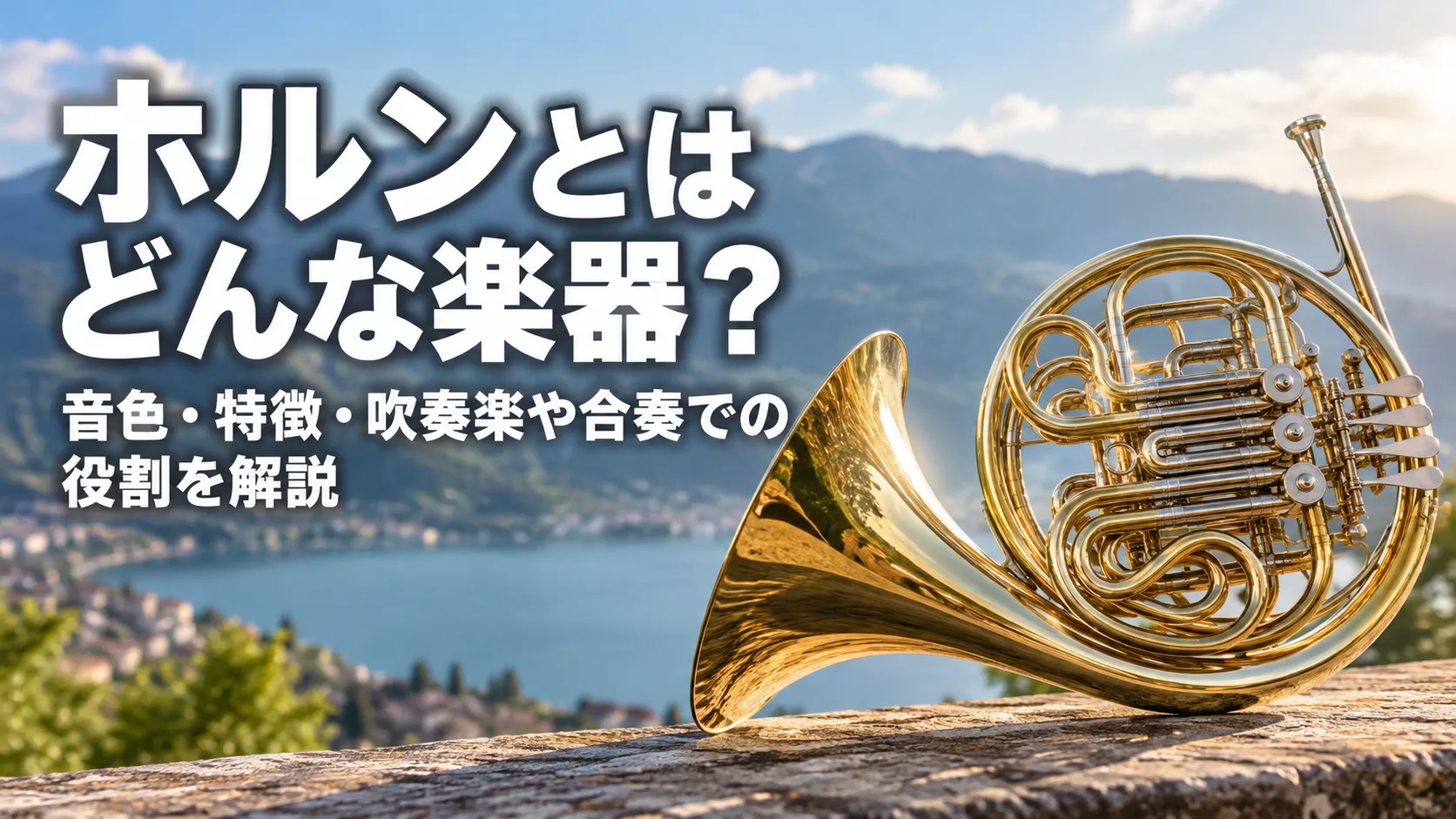 湖と山を背景に、金色に輝くホルンを大きく配置し、「ホルンとはどんな楽器？音色・特徴・吹奏楽や合奏での役割を解説」と表示したアイキャッチ画像。