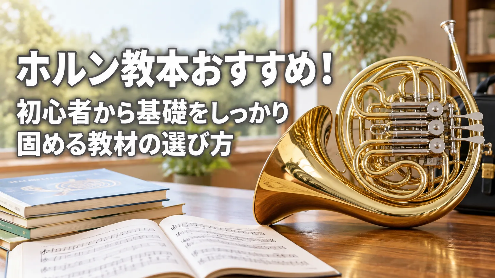 ホルン教本の選び方を紹介する記事のアイキャッチで、教材や楽譜とともに金色のホルンを大きく配置した画像。