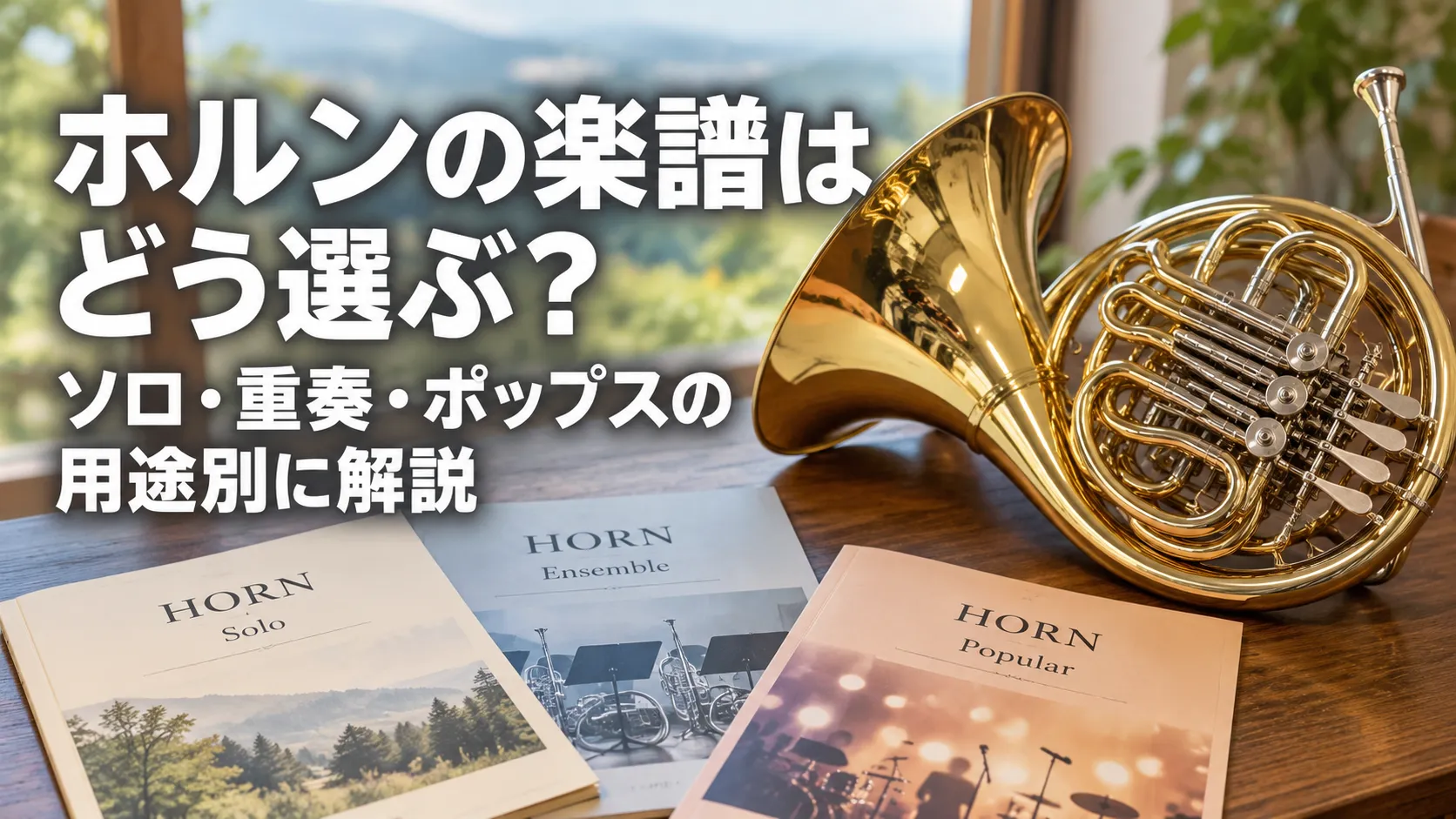 ホルンとソロ・重奏・ポップス向けの楽譜を配置し、用途別の楽譜選びを表現したアイキャッチ画像。