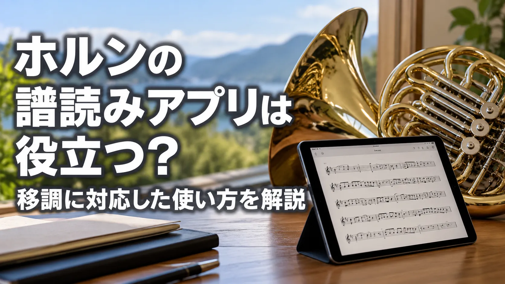 ホルンと譜面を表示したタブレットを配置し、「ホルンの譜読みアプリは役立つ？移調に対応した使い方を解説」と示したアイキャッチ画像。