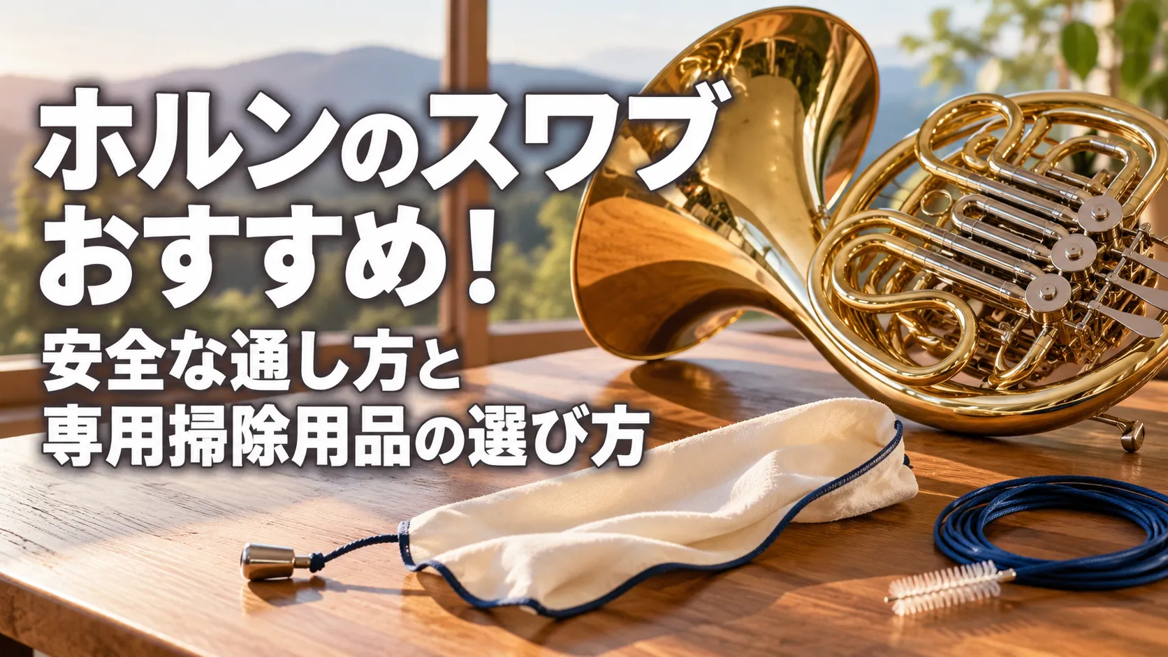 ホルンとスワブなどの専用掃除用品を並べ、安全な通し方と掃除用品の選び方を紹介するアイキャッチ画像。