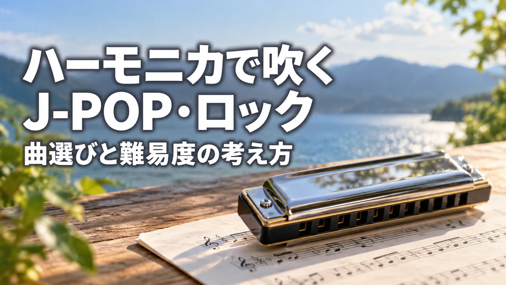湖と山を望む木製テーブルの楽譜の上にハーモニカを配置し、「ハーモニカで吹く J-POP・ロック 曲選びと難易度の考え方」と表示したアイキャッチ画像。