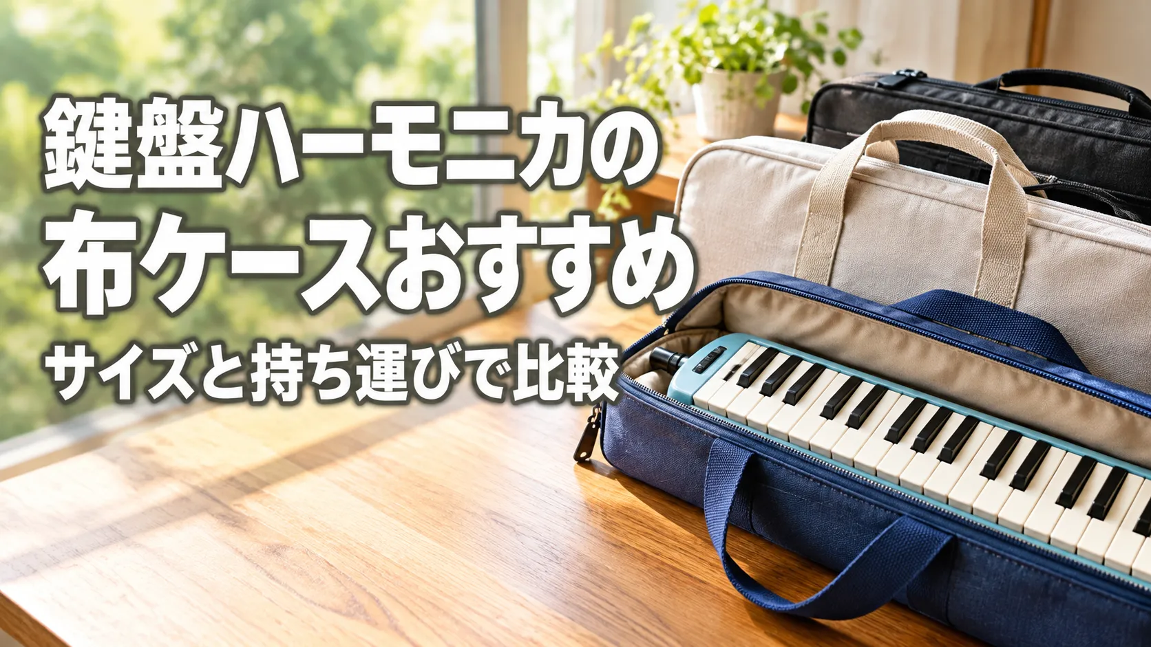鍵盤ハーモニカと持ち運び用の布ケースを並べ、サイズと持ち運びで比較する記事内容を表したアイキャッチ画像