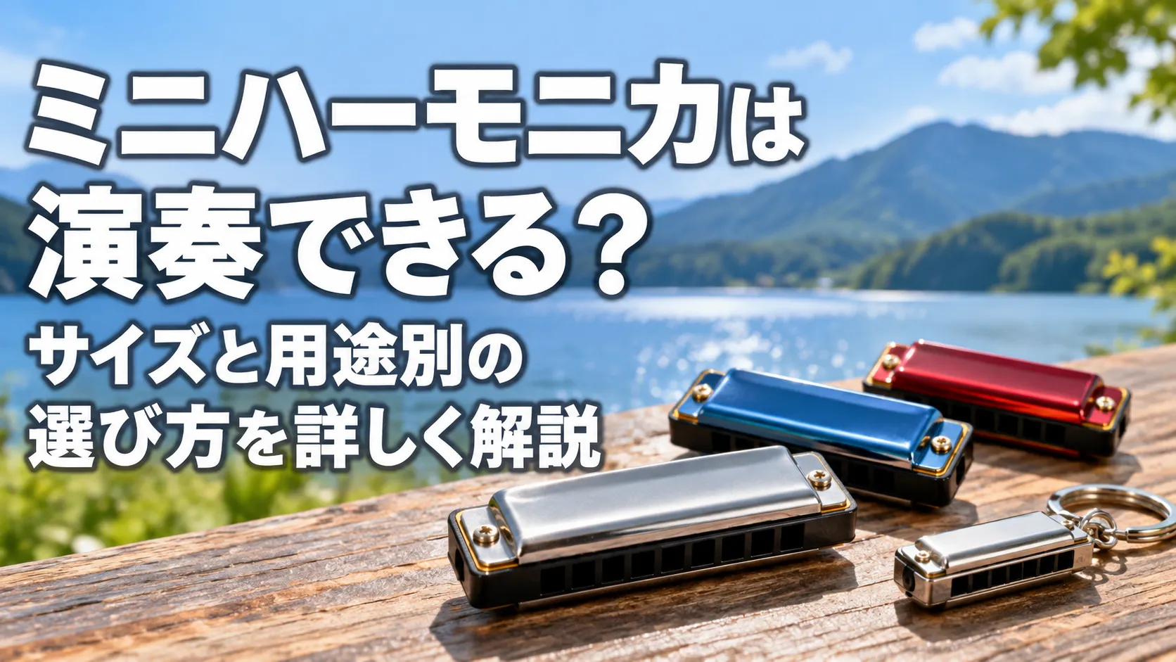湖と山を背景に、木製テーブルの上へ複数サイズのミニハーモニカとキーホルダー型ミニハーモニカを配置したアイキャッチ画像。