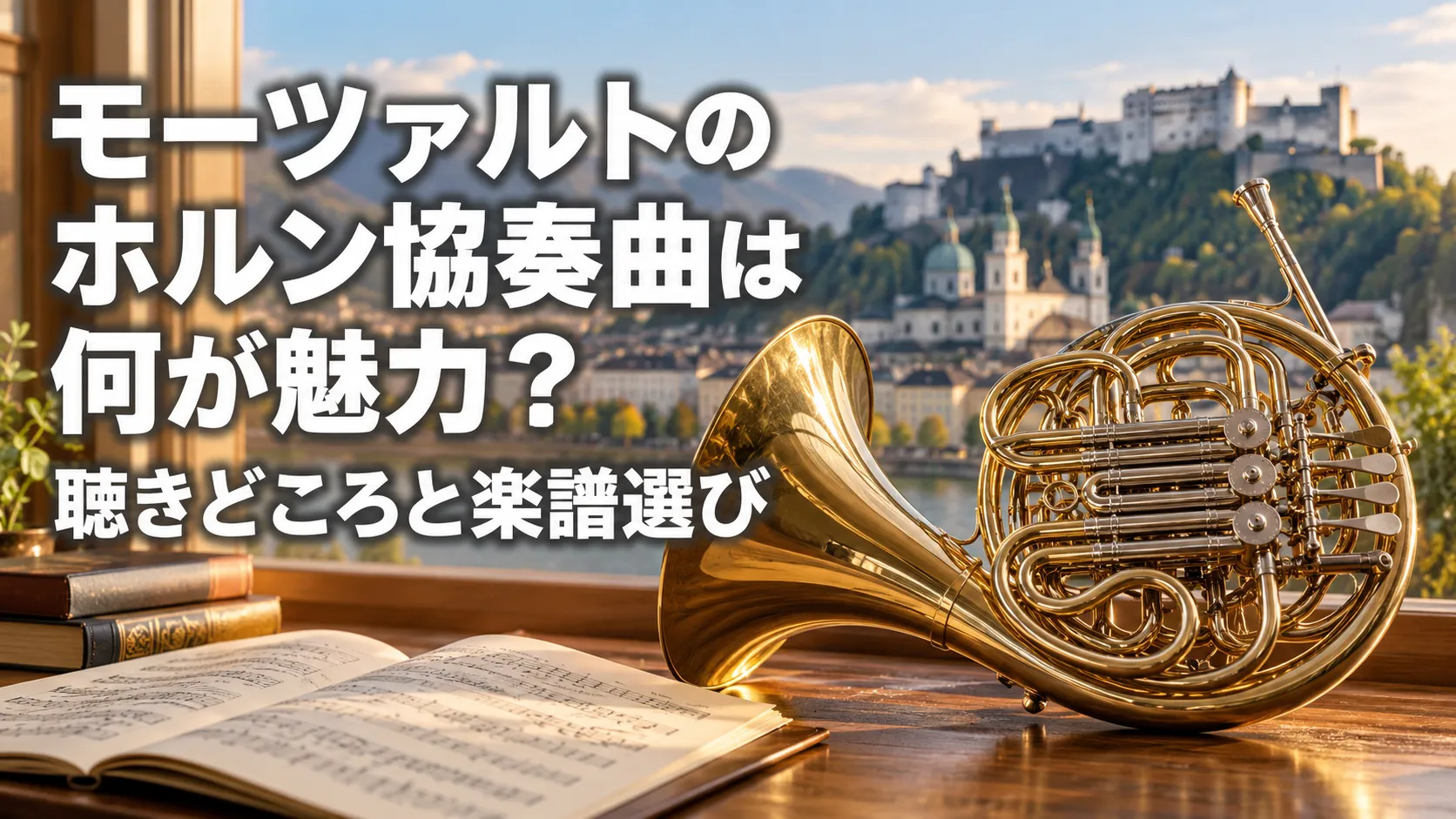 モーツァルトのホルン協奏曲をテーマに、楽譜と金色に輝くホルンを落ち着いた街並みを背景に配置したアイキャッチ画像。