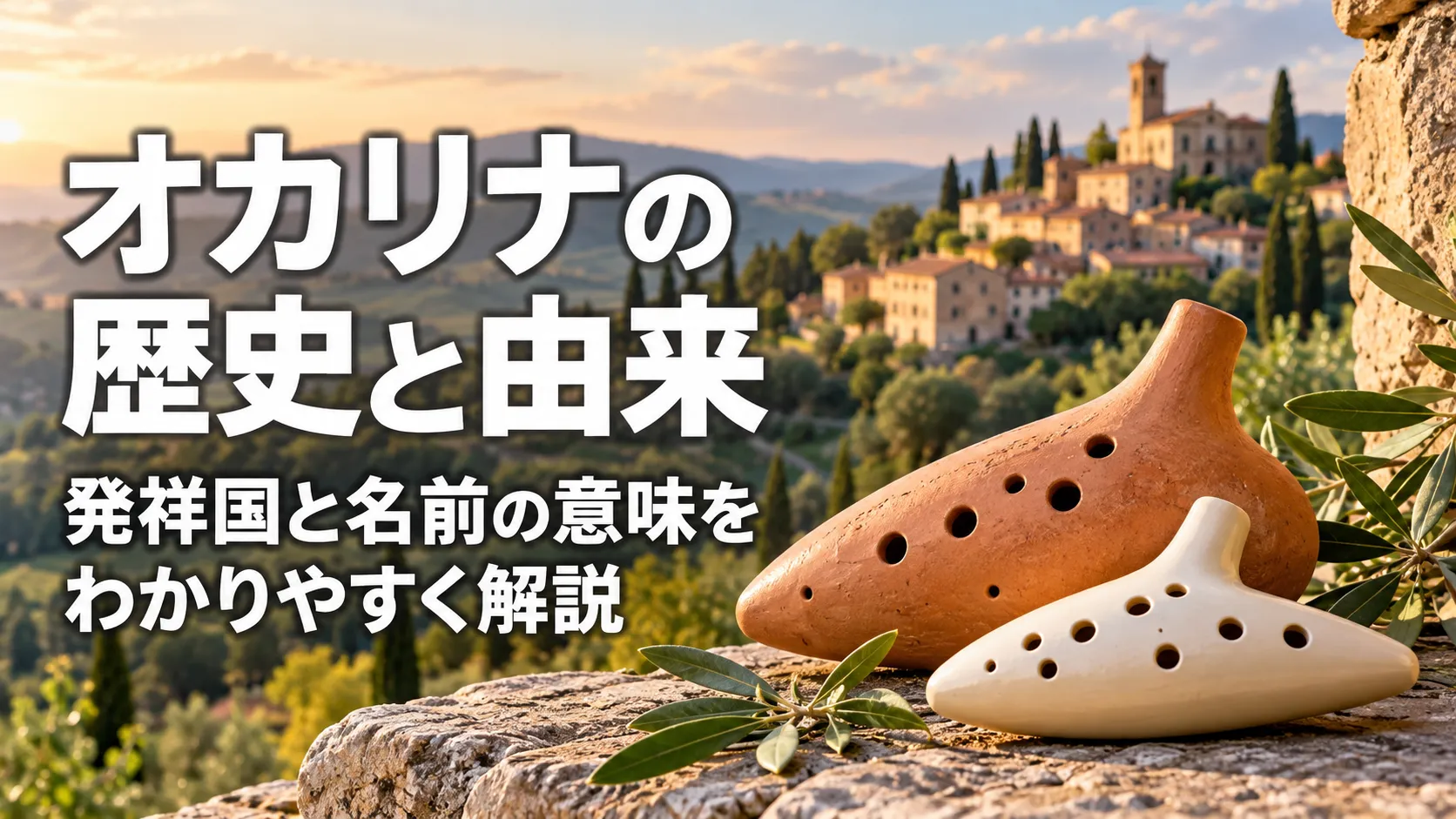 イタリアの丘陵風景を背景に、石の上に2つのオカリナを配置し、「オカリナの歴史と由来」「発祥国と名前の意味をわかりやすく解説」と表示したアイキャッチ画像。