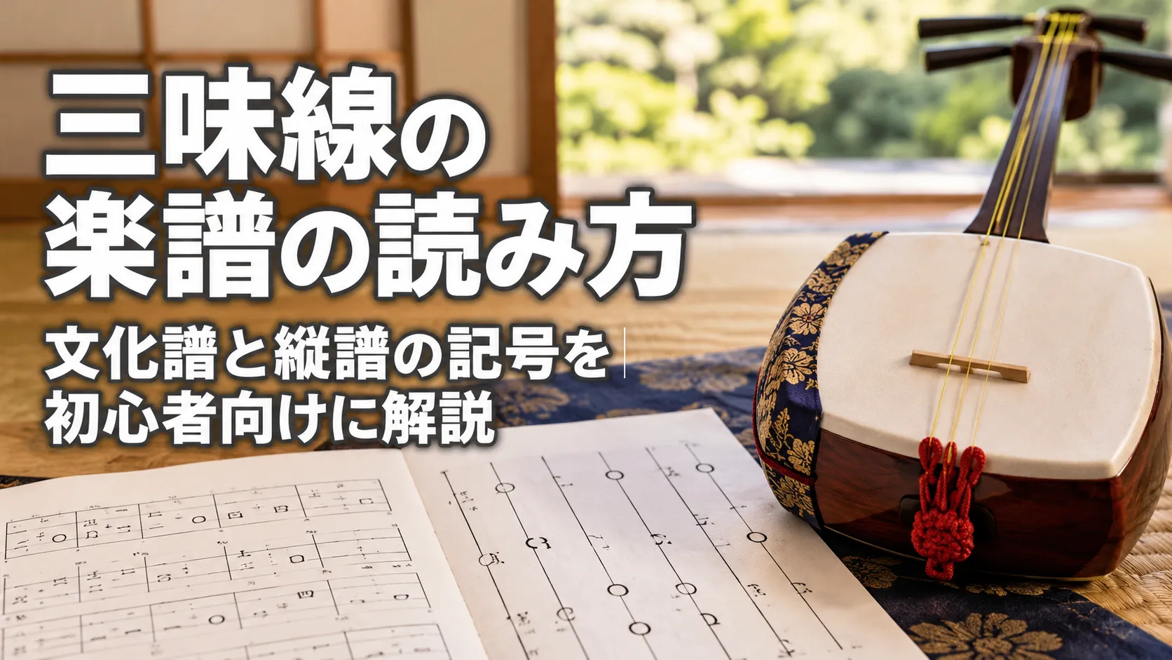 三味線と文化譜・縦譜の楽譜を配置し、「三味線の楽譜の読み方｜文化譜と縦譜の記号を初心者向けに解説」と示したアイキャッチ画像。