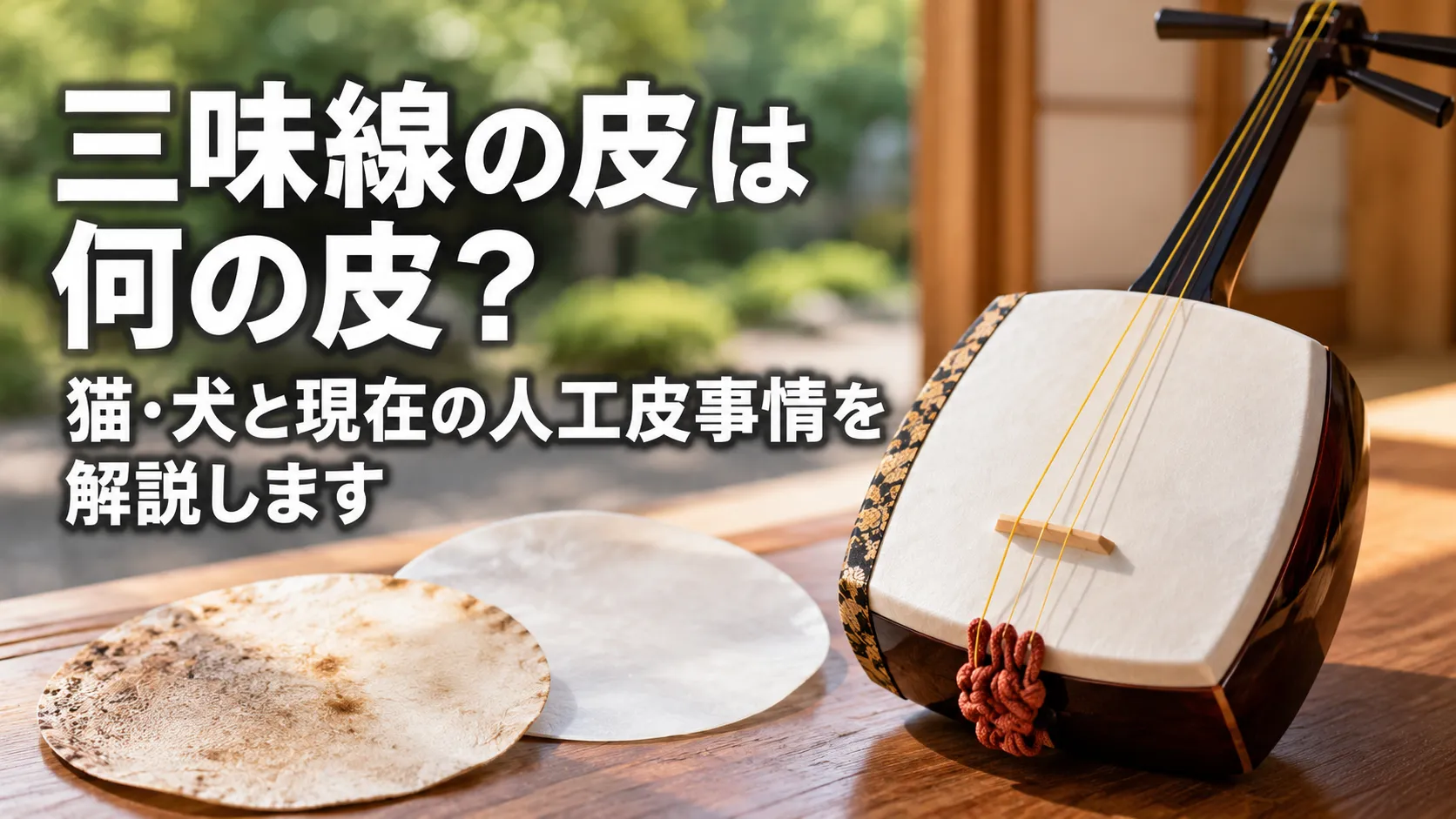 三味線の皮は何の皮かをテーマに、皮を張った三味線と天然皮・人工皮をイメージした素材を並べたアイキャッチ画像。