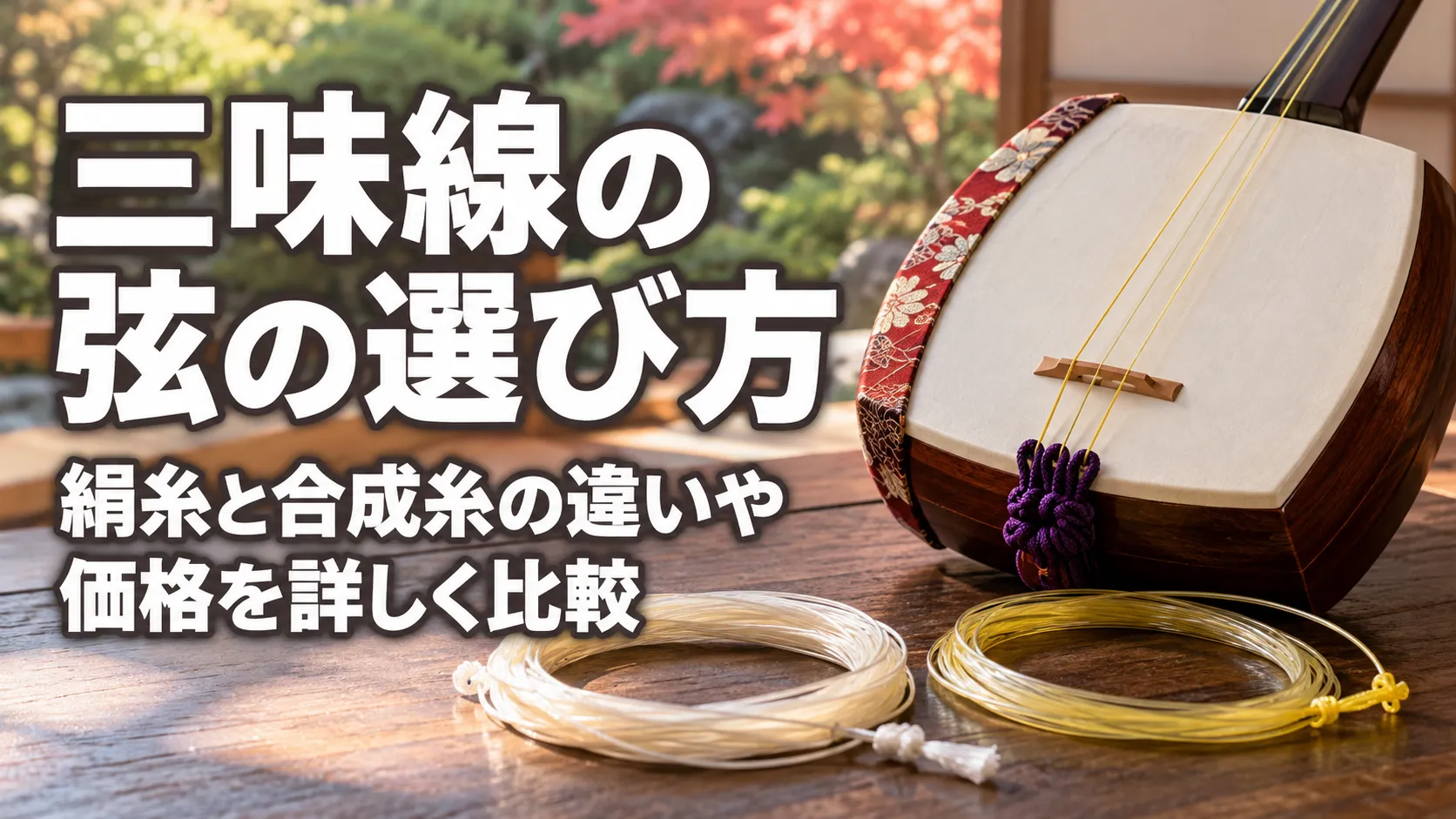 三味線と、絹糸・合成糸の弦を並べて、それぞれの違いや価格を比較する記事のアイキャッチ画像。