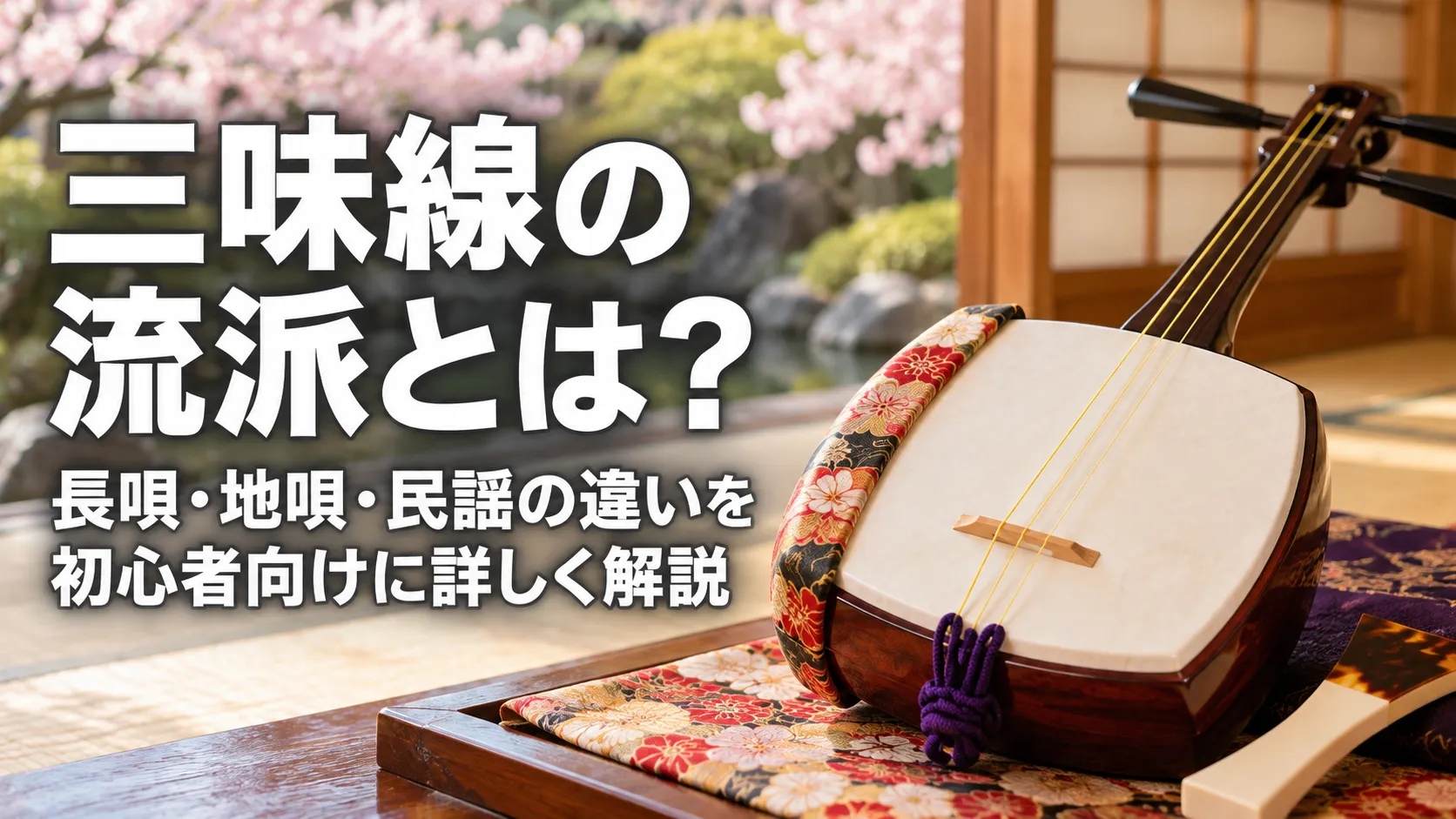 長唄・地唄・民謡の流派の違いを初心者向けに解説する記事の、和の情景に三味線を大きく配置したアイキャッチ画像