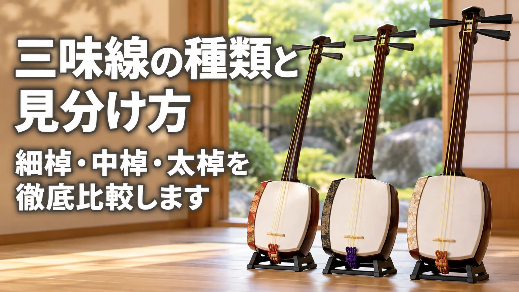 三味線の種類と見分け方をテーマに、細棹・中棹・太棹の3種類の三味線を並べて比較したアイキャッチ画像。