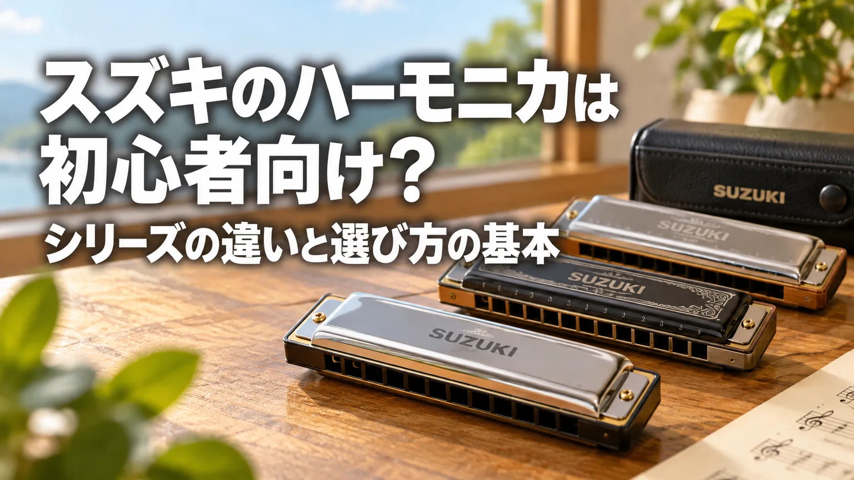 スズキのハーモニカを右側に配置し、「スズキのハーモニカは初心者向け？ シリーズの違いと選び方の基本」と表示したアイキャッチ画像。