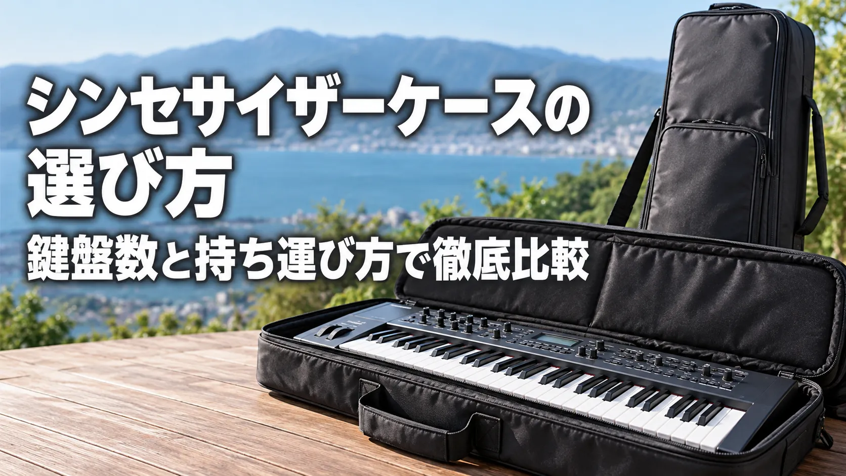 シンセサイザーを収納した黒いケースと持ち運び用ケースを、湖と山の風景を背景に配置したアイキャッチ画像。