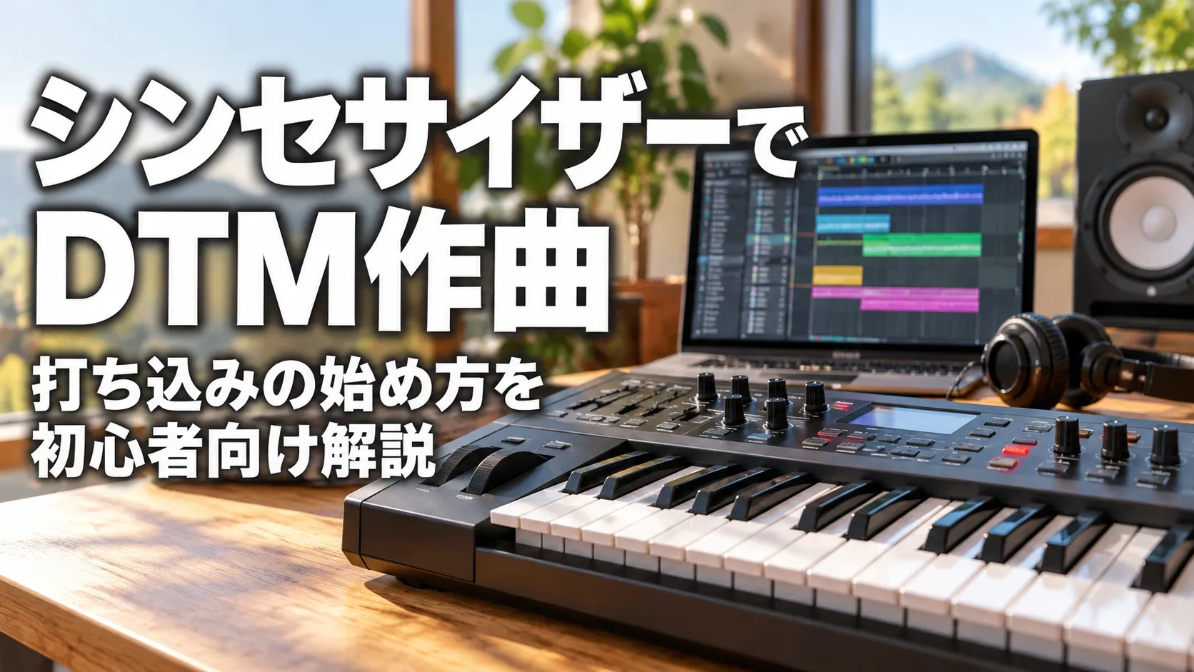 シンセサイザーとDTM作曲用のパソコンを配置し、「シンセサイザーでDTM作曲 打ち込みの始め方を初心者向け解説」と表示したアイキャッチ画像