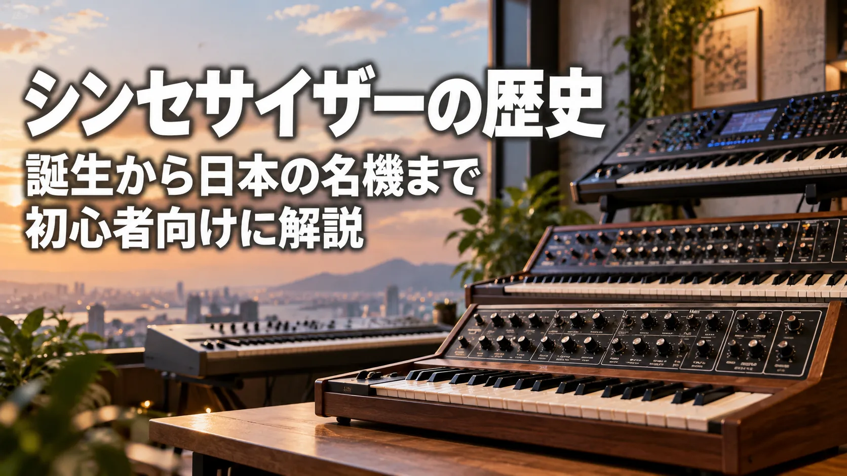 「シンセサイザーの歴史｜誕生から日本の名機まで初心者向けに解説」の文字と、複数のシンセサイザーを配置した音楽スタジオのアイキャッチ画像。