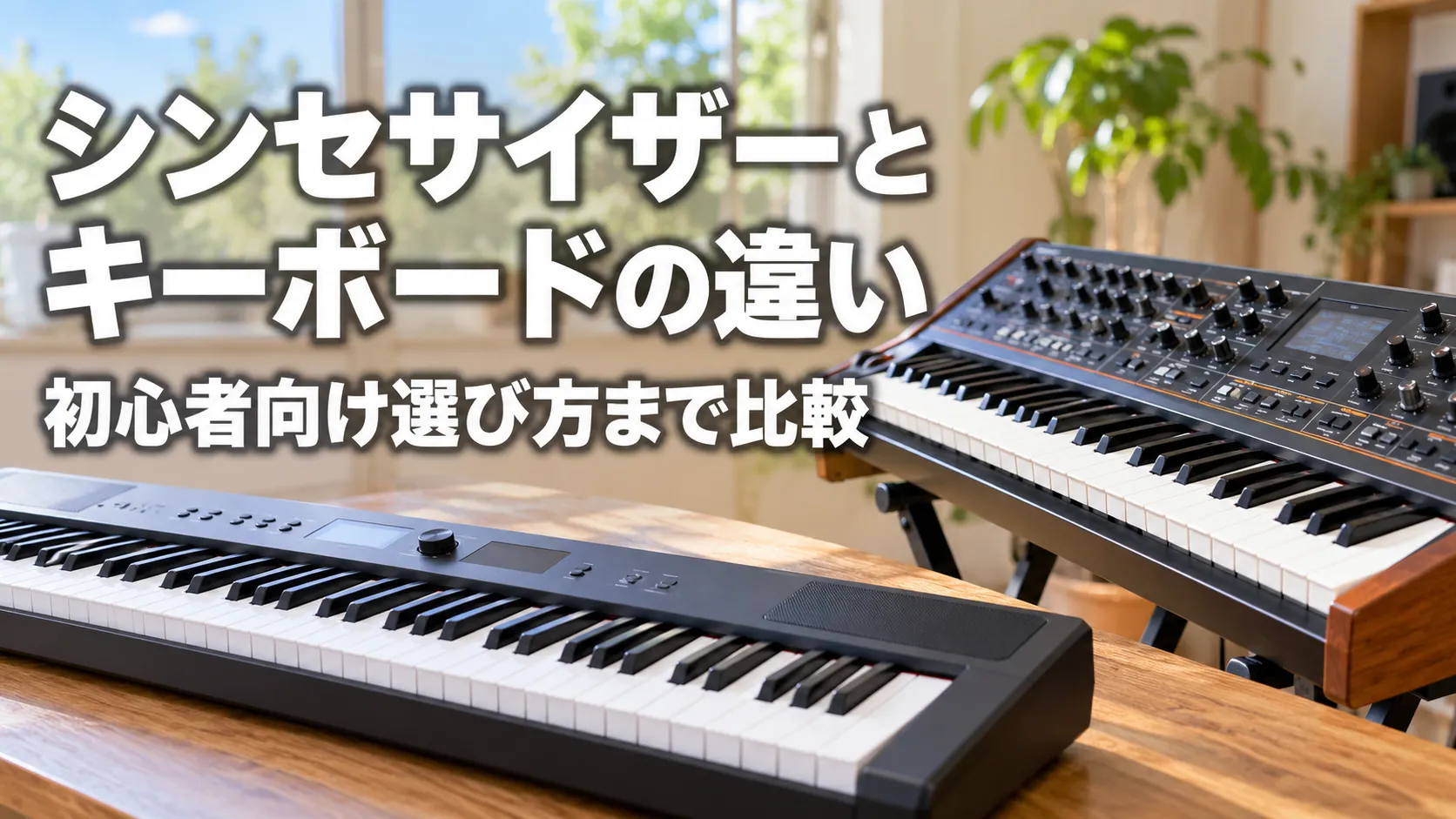 シンセサイザーとキーボードが並ぶ室内で、両者の違いと初心者向けの選び方を比較する記事のアイキャッチ画像。