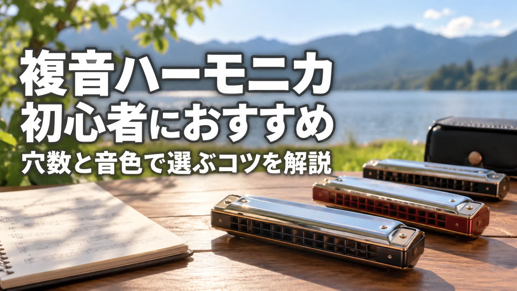 湖と山を背景に、木製テーブルの上へ複数の複音ハーモニカを配置し、初心者向けの選び方を示したアイキャッチ画像。