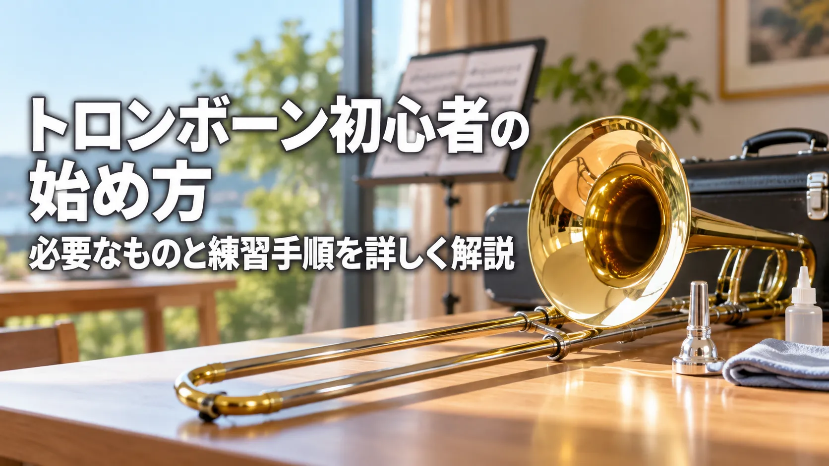 明るく落ち着いた練習室の木製テーブルにトロンボーンとマウスピースなどの用品を配置し、「トロンボーン初心者の始め方」「必要なものと練習手順を詳しく解説」と表示したアイキャッチ画像。