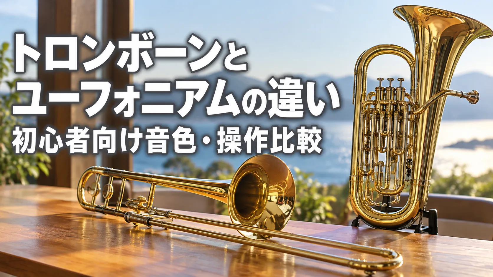 トロンボーンとユーフォニアムを並べ、初心者向けに音色や操作の違いを比較する記事のアイキャッチ画像。