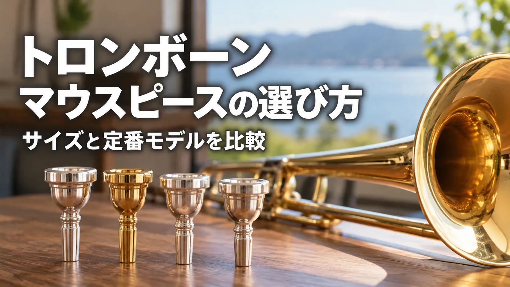 トロンボーンマウスピースのサイズと定番モデルを比較する記事を表現した、複数のマウスピースとトロンボーンのアイキャッチ画像。