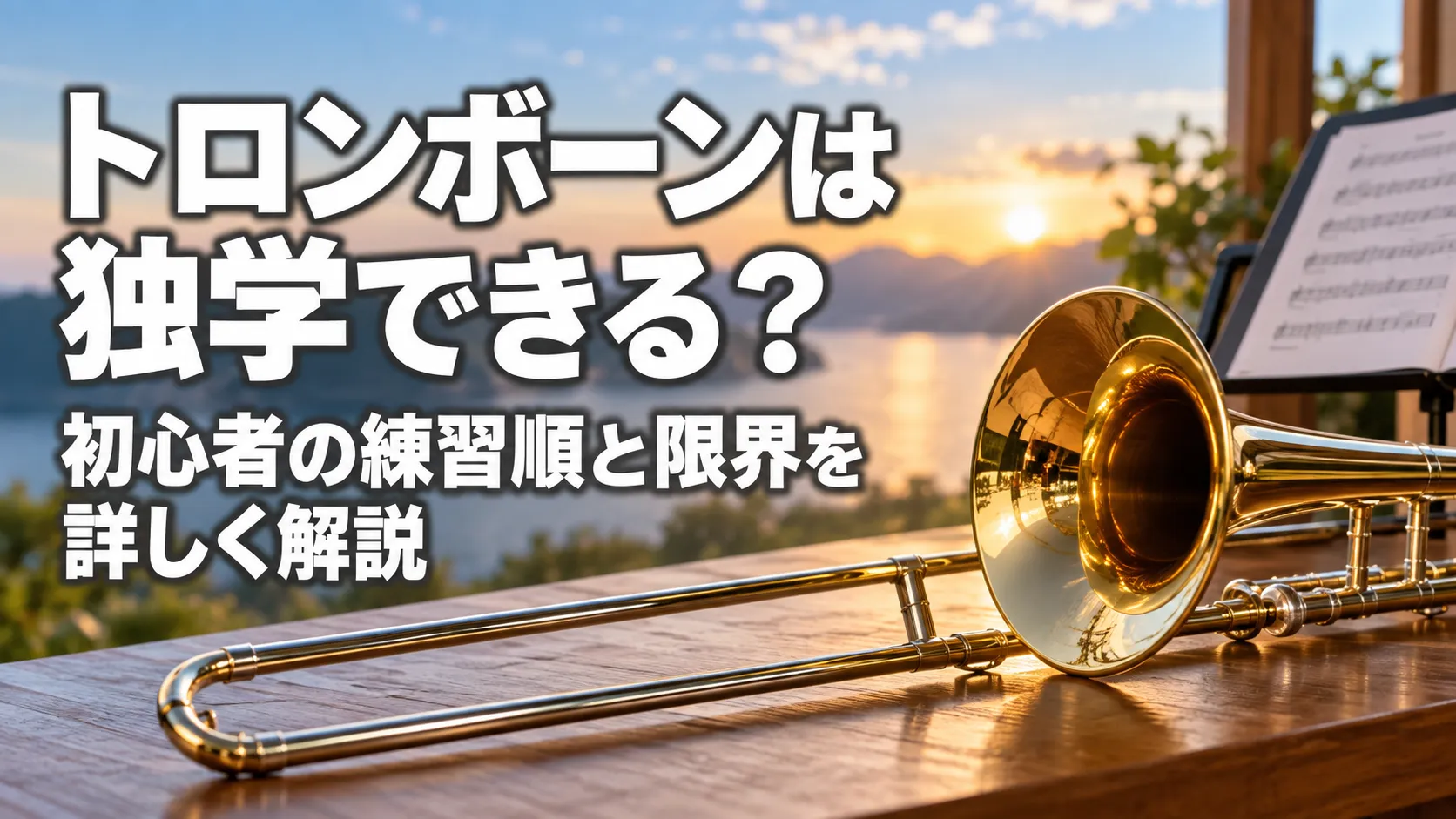 夕景の湖を背景に、初心者の独学や練習方法を解説する記事タイトルとトロンボーンを大きく配置したアイキャッチ画像。